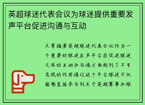 英超球迷代表会议为球迷提供重要发声平台促进沟通与互动 英超球迷代表会议为球迷提供重要发声平台促进沟通与互动