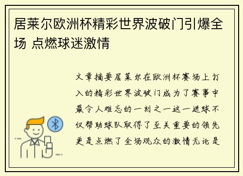 居莱尔欧洲杯精彩世界波破门引爆全场 点燃球迷激情